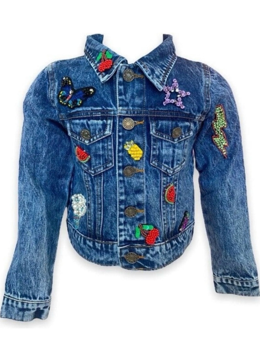 Lola + The Boys Blue Embellished Denim Jacket with Multicolor Beaded Patches